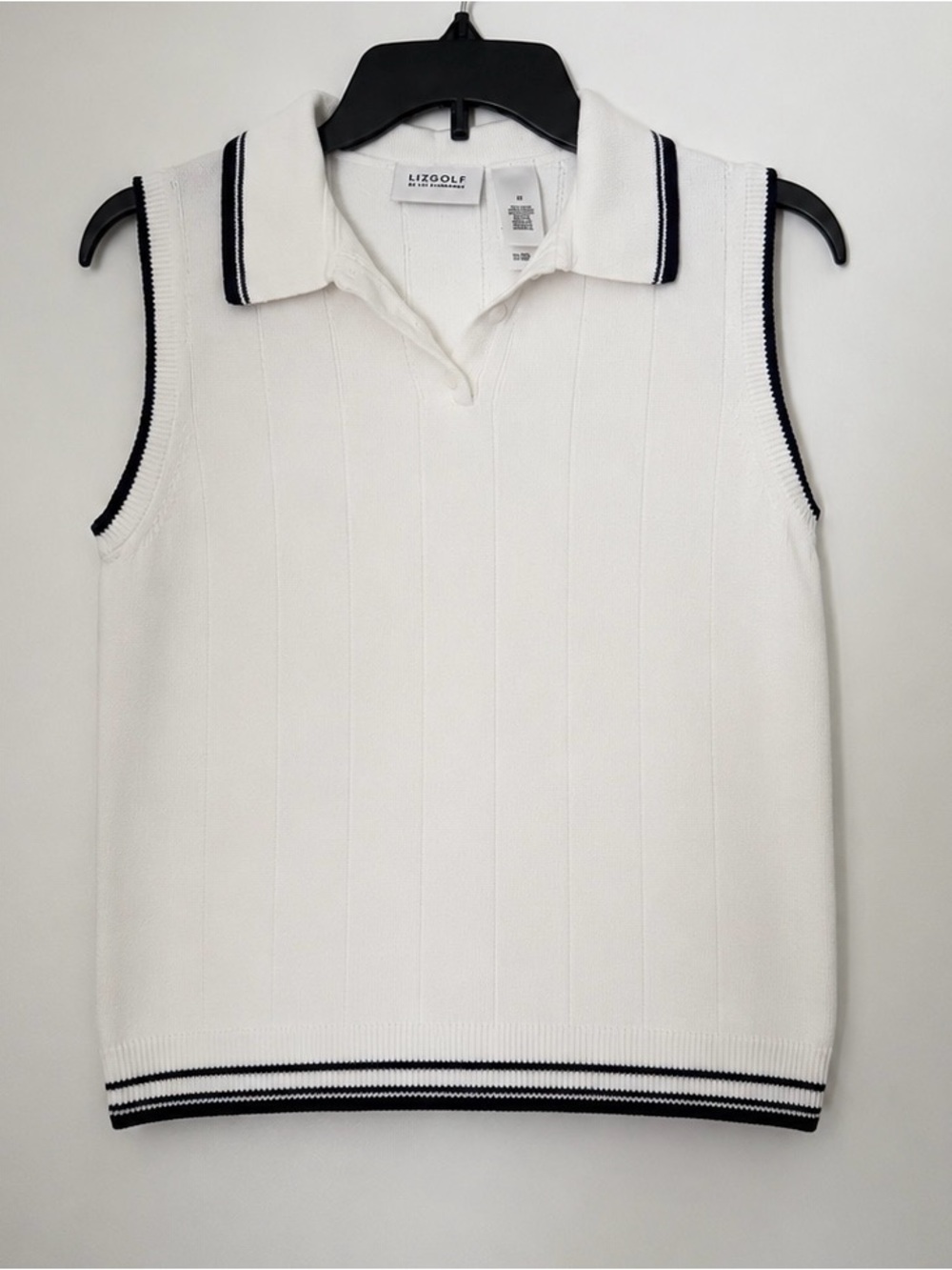 Liz Golf Sleeveless Polo Sweater Vest in White with Black Trim